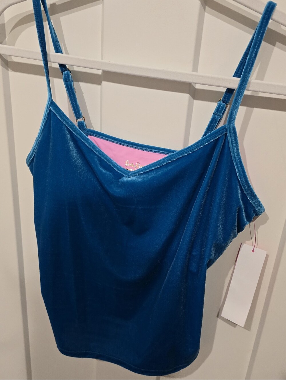 Lily Pulizer Blue Velvet Spaghetti Strap Tank with Pink Lining
